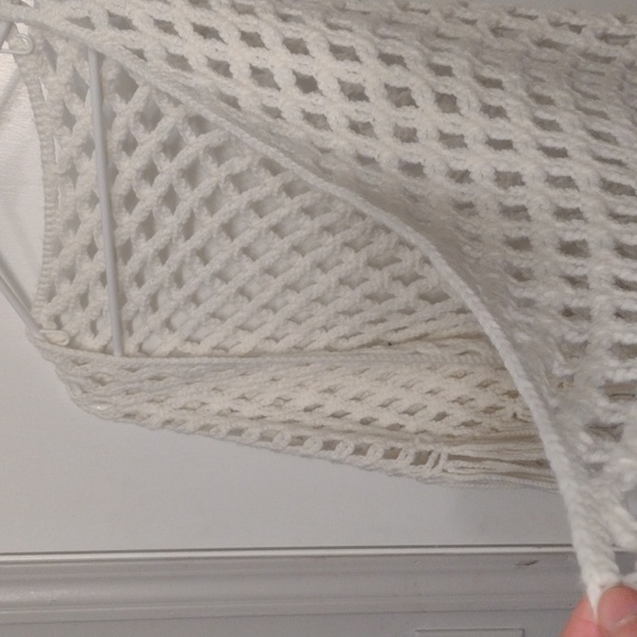 Handmade Crochet Cream Open Knit Shawl Boho Fringe Blanket Shawl - Picture 10 of 16